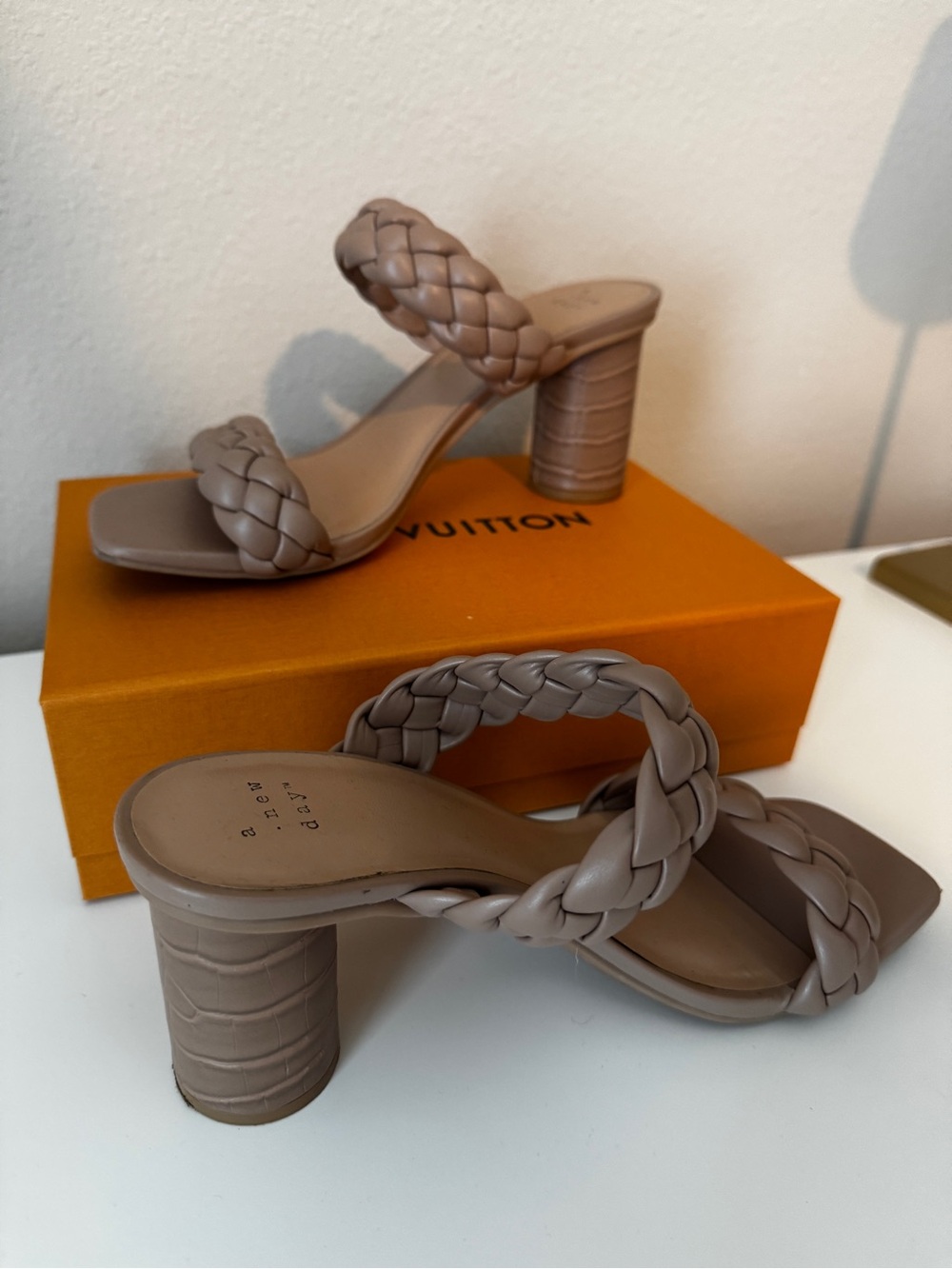 A New Day Taupe Braided Two-Band Block Heel Mules